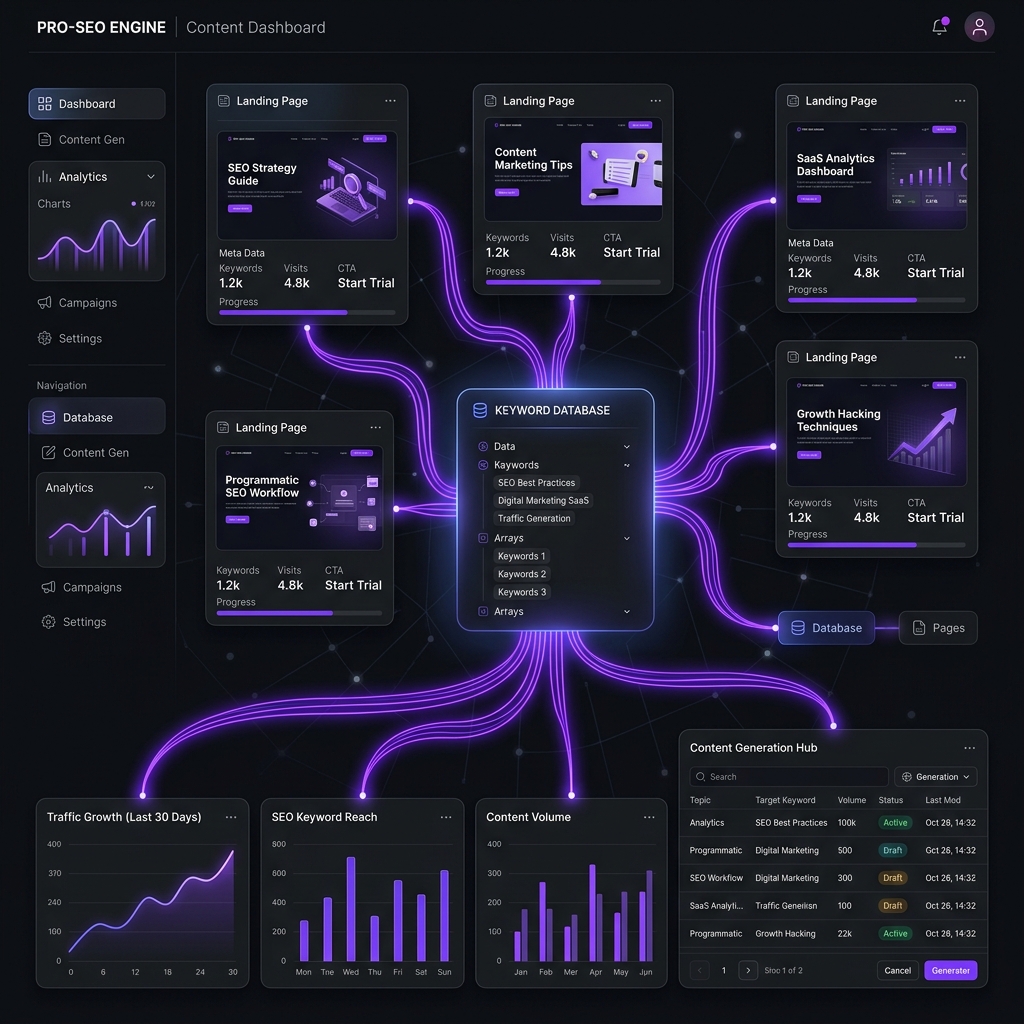 Programmatic SEO content generation dashboard visualizing a central keyword database branching out to multiple landing page preview cards in an electric violet theme